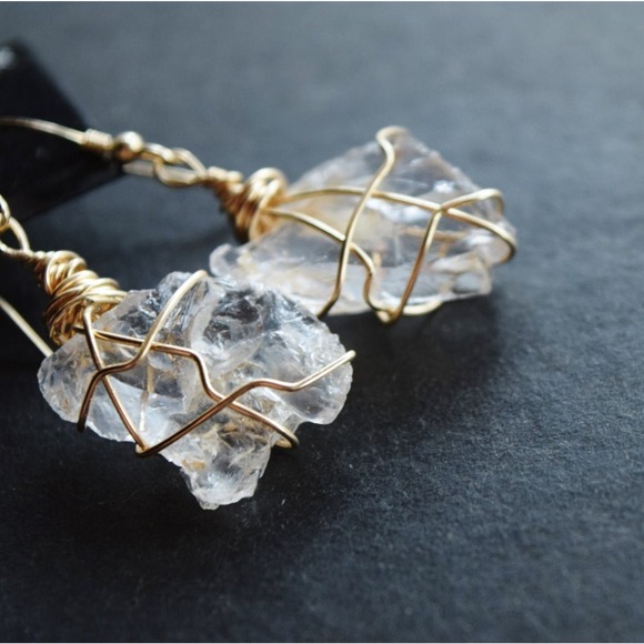 Large Dangle Earrings, Large Raw Diamonds, Gold Wire Wrapped Earrings - Picture 3 of 5